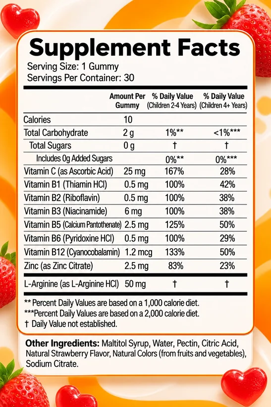 جدول المعلومات الغذائية لعبوة Dr. White Gummies، تحيط به حبات الفراولة وعلكات القلوب